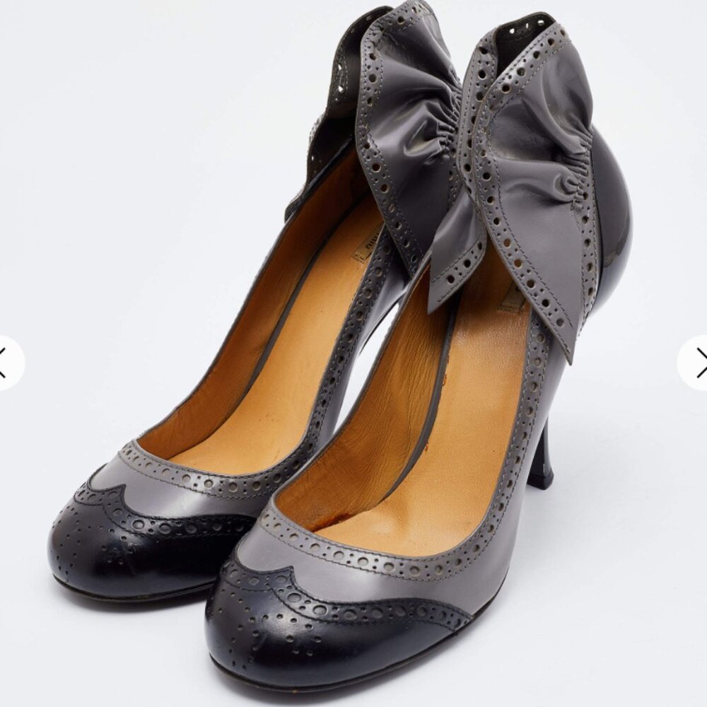 Miu Miu Grey/Black Patent Leather Brogue Platform Pumps